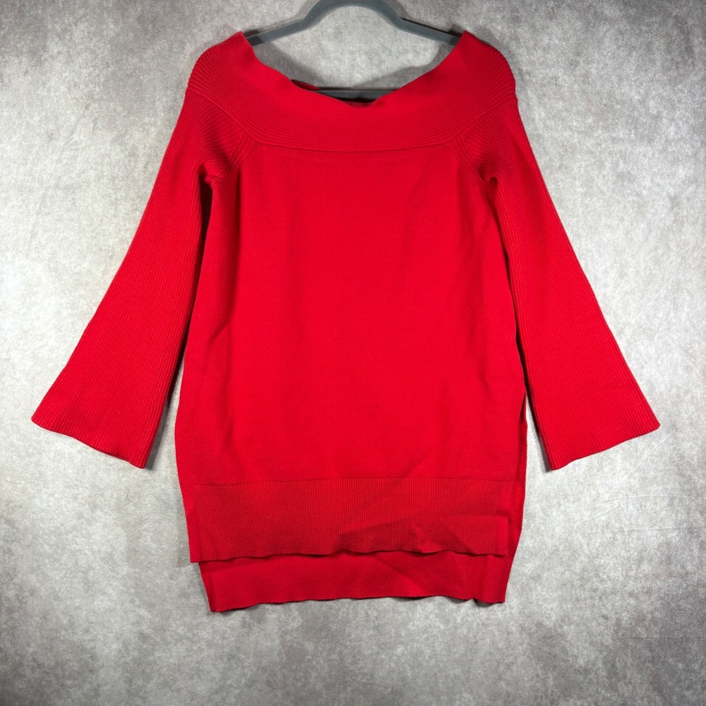 by Anthropologie Sweater Womens S Red Off Shoulder Ribbed Knit High Low Pullover